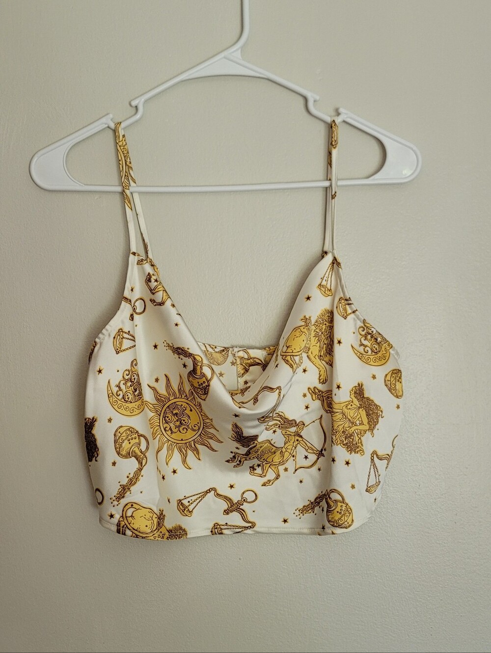 Forever 21 White Cowl Neck Crop Camisole with Gold Celestial Print